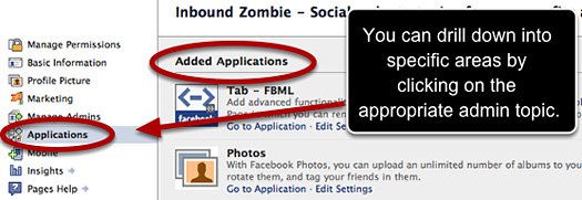 Drilling down into the Facebook Page admin pane